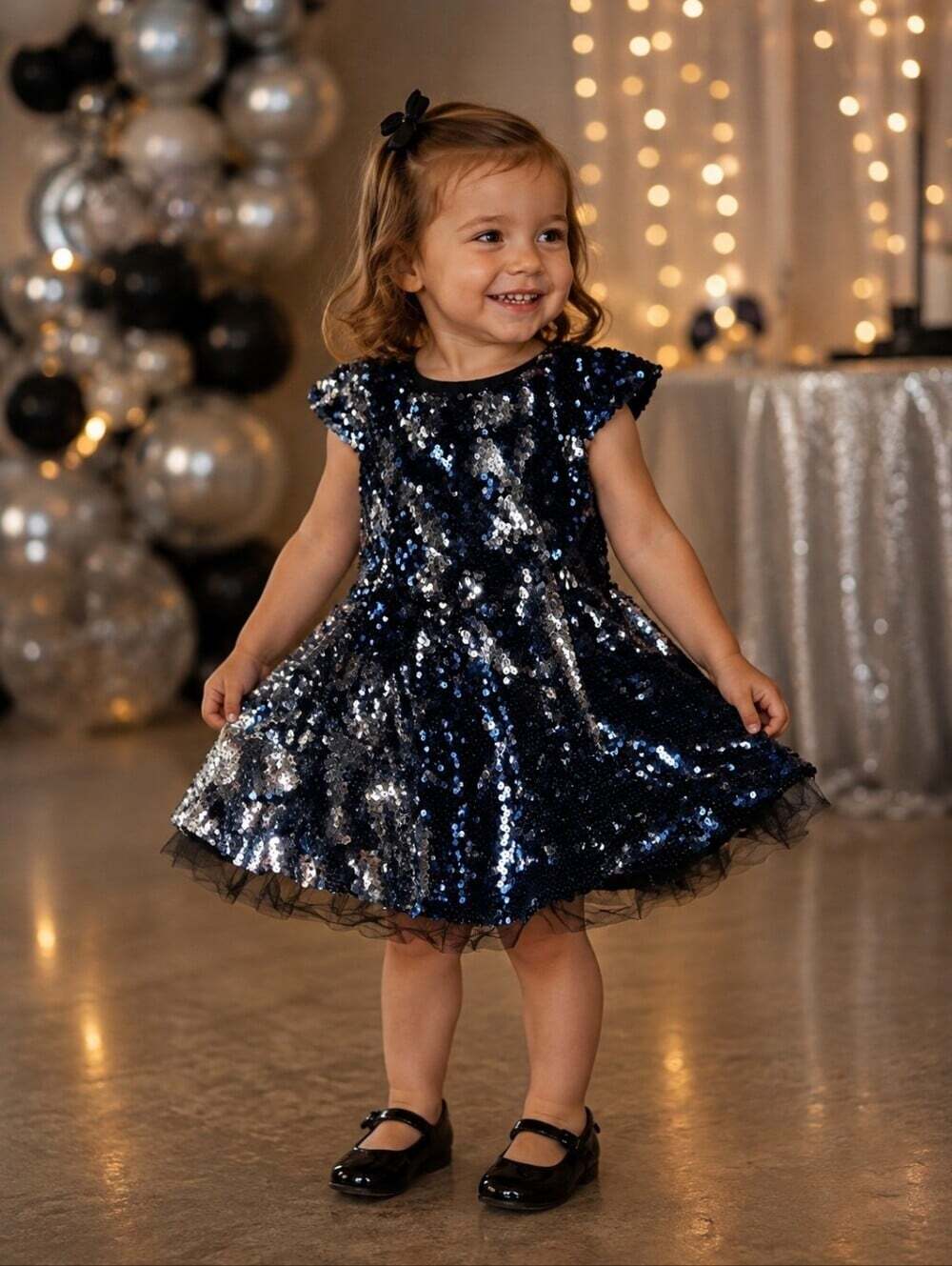 Woo Rage by Lalinte Girls Sequin Party Dress Black Silver Blue 24/36M (2/3T)